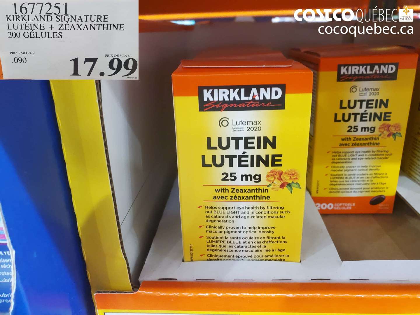 1677251 KIRKLAND SIGNATURE LUTÉINE + ZÉAXANTHINE 200 GÉLULES $17.99