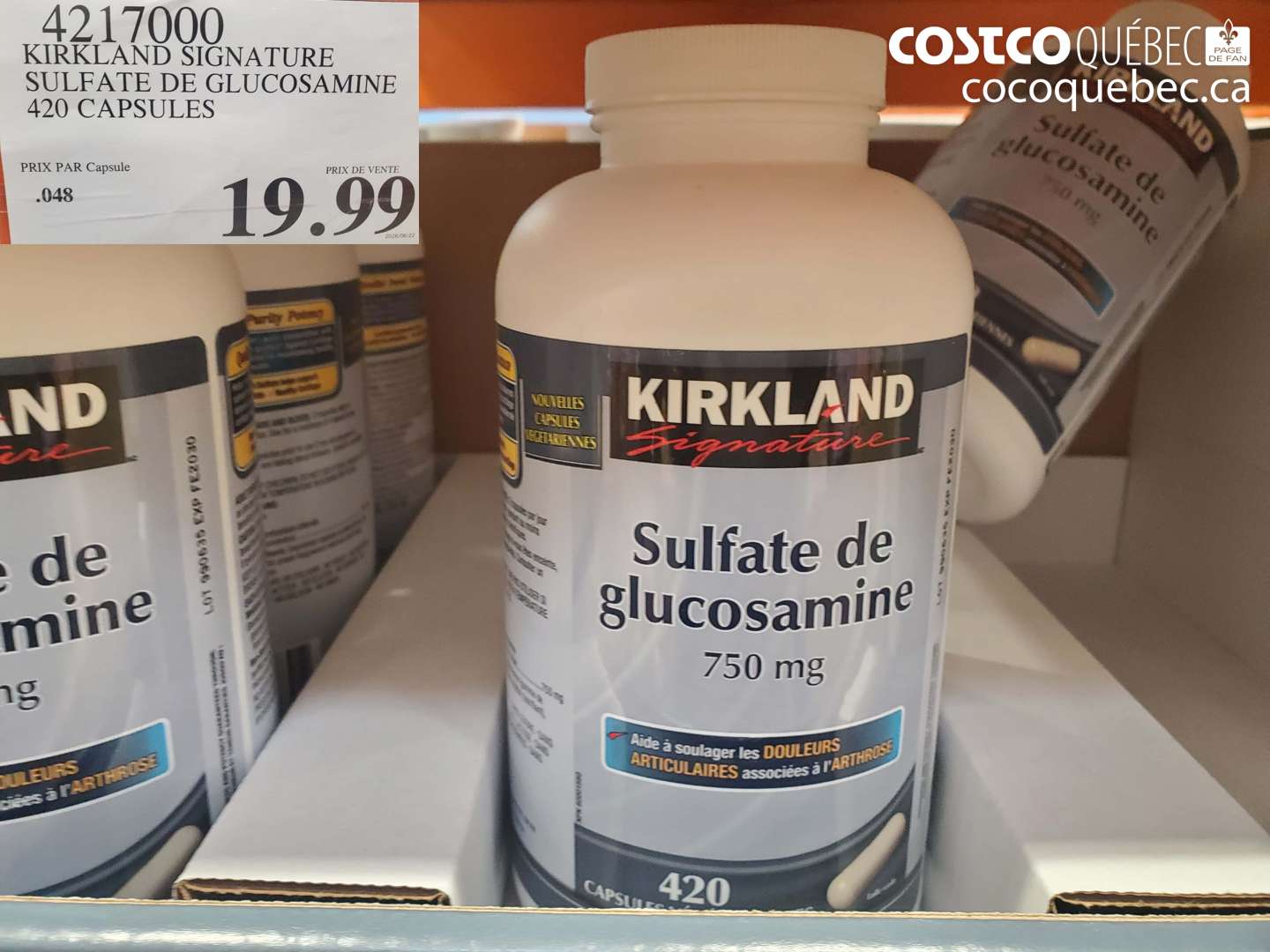 4217000 KIRKLAND SIGNATURE SULFATE DE GLUCOSAMINE 420 CAPSULES $19.99