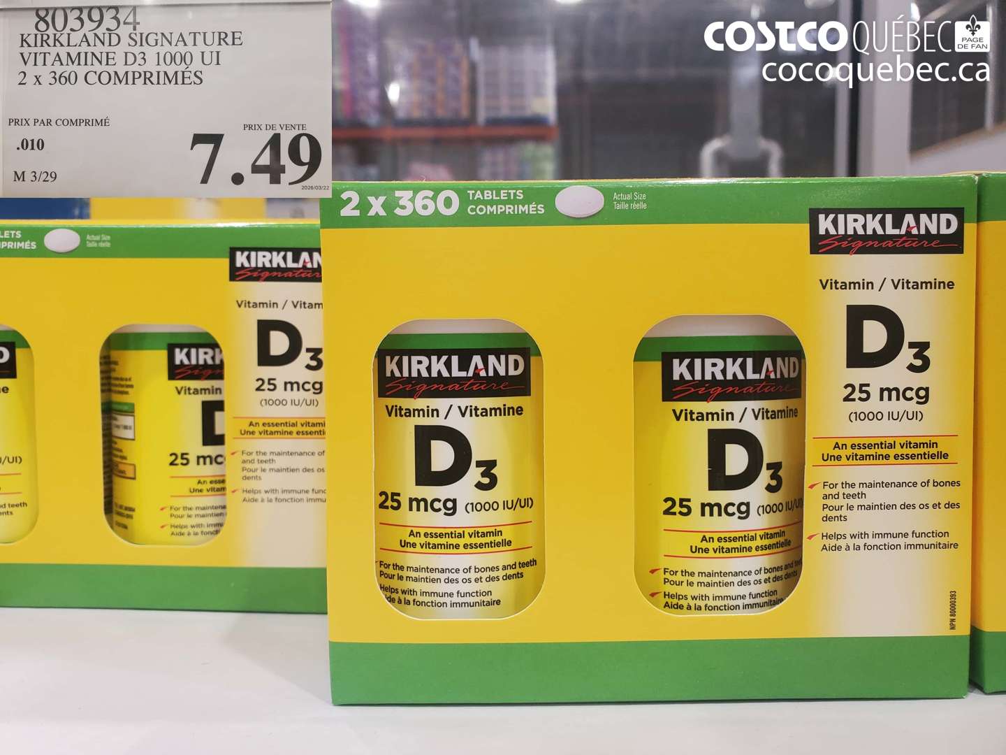 803934 KIRKLAND SIGNATURE VITAMINE D3 1000 UI 2 X 360 COMPRIMÉS $7.49