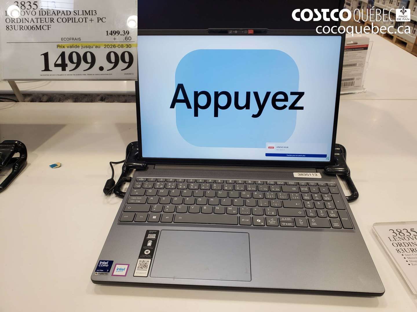 3835 LENOVO IDEAPAD SLIMI3 ORDINATEUR COPILOT + PC (EXPIRES ON 2026-08-30) $1499.99