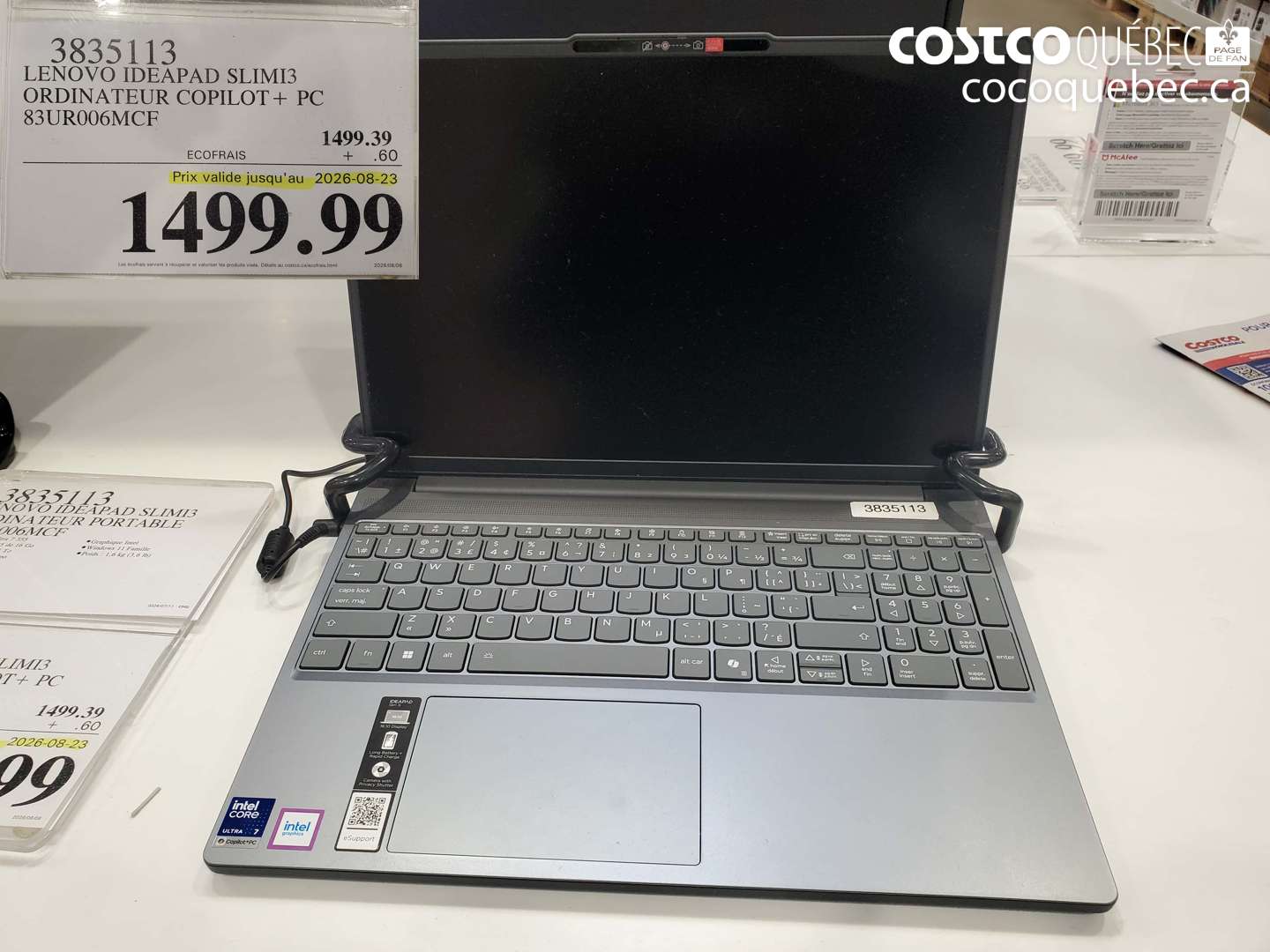 3835113 LENOVO IDEAPAD SLIMI3 ORDINATEUR COPILOT + PC 83UR006MCF (EXPIRES ON 2026-08-23) $1499.99