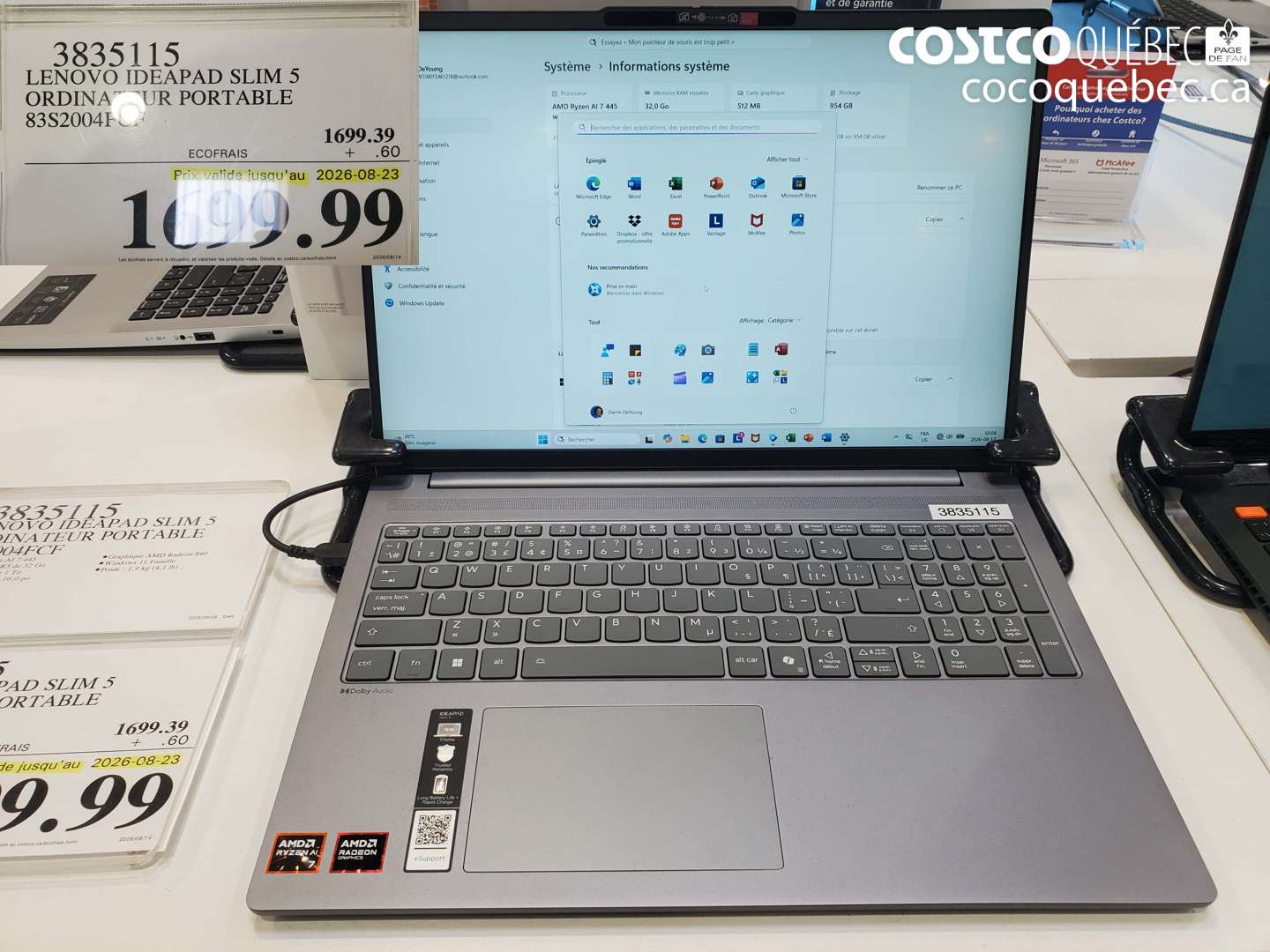 3835115 LENOVO IDEAPAD SLIM 5 ORDINATEUR PORTABLE 83S2004FCF (EXPIRES ON 2026-08-23) $1699.99