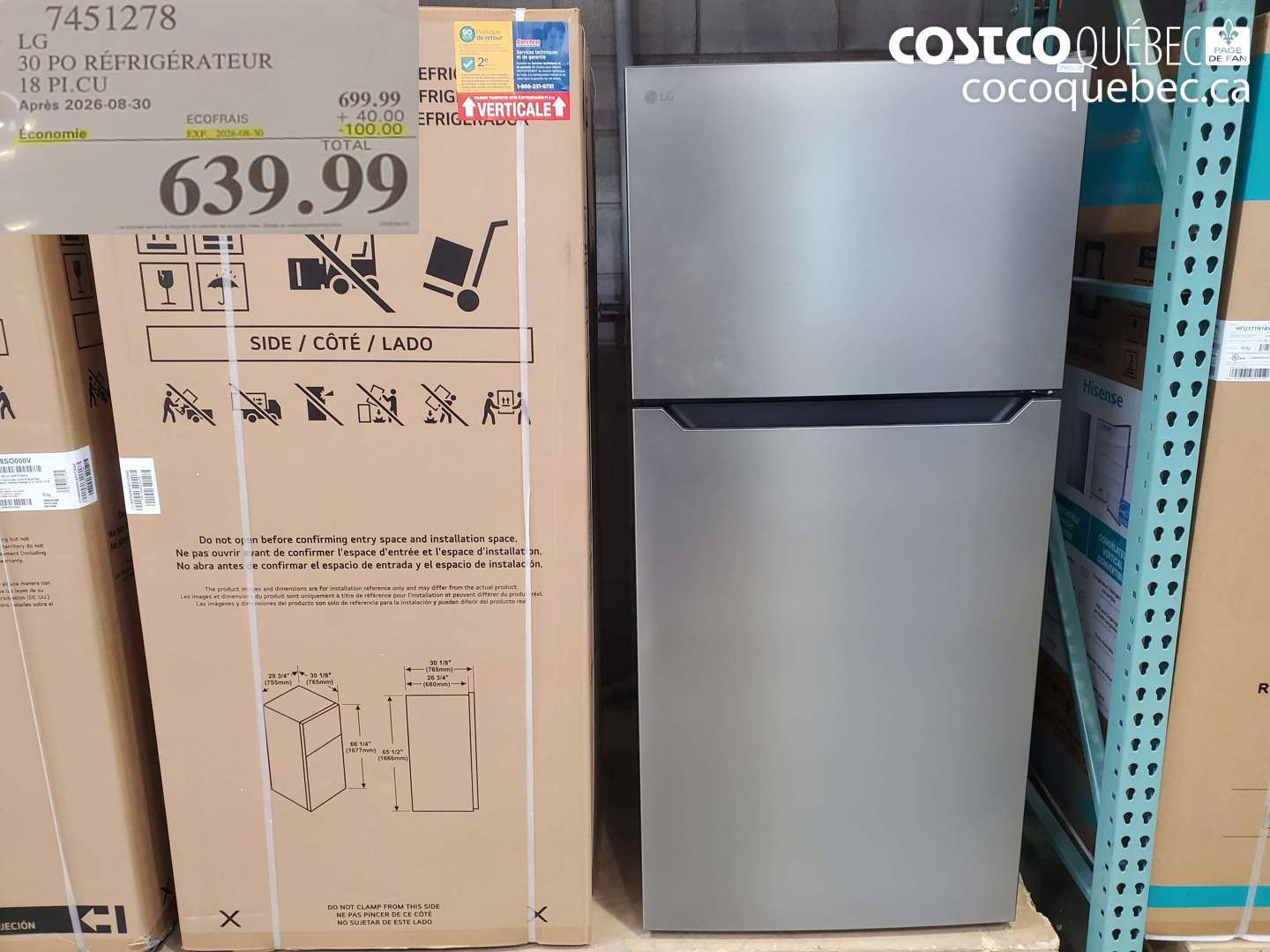 7451278 LG 30 PO RÉFRIGÉRATEUR 18 PI.CU ($100.00 INSTANT SAVINGS EXPIRES ON 2026-08-30) $639.99