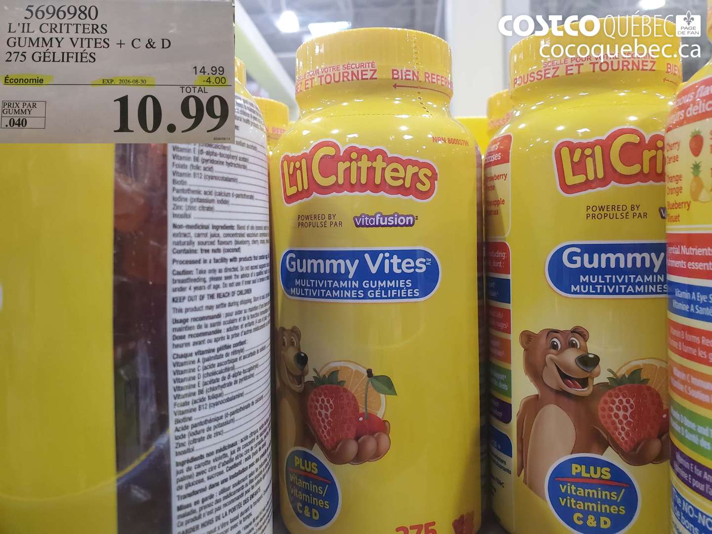 5696980 L'IL CRITTERS GUMMY VITES + C & D 275 GÉLIFIÉS ($4.00 INSTANT SAVINGS EXPIRES ON 2026-08-30) $10.99