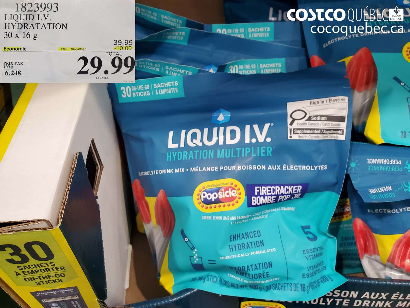 1823993 LIQUID I.V. HYDRATATION 30 X 16 G ($10.00 INSTANT SAVINGS EXPIRES ON 2026-08-16) $29.99
