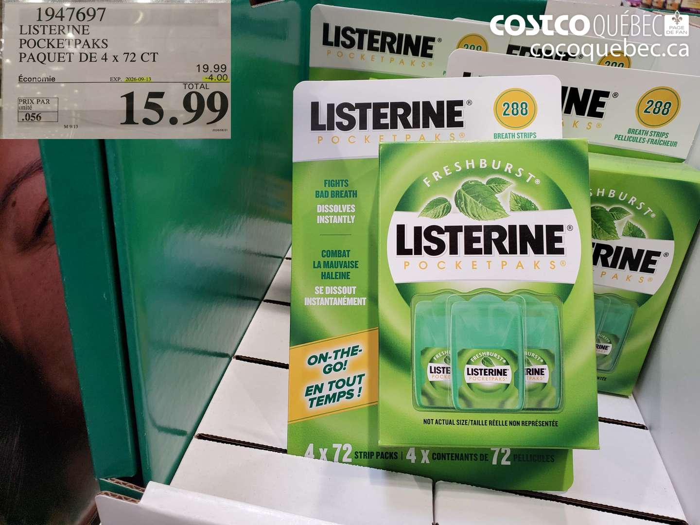 1947697 LISTERINE POCKETPAKS PAQUET DE 4 X 72 CT ($4.00 INSTANT SAVINGS EXPIRES ON 2026-09-13) $15.99