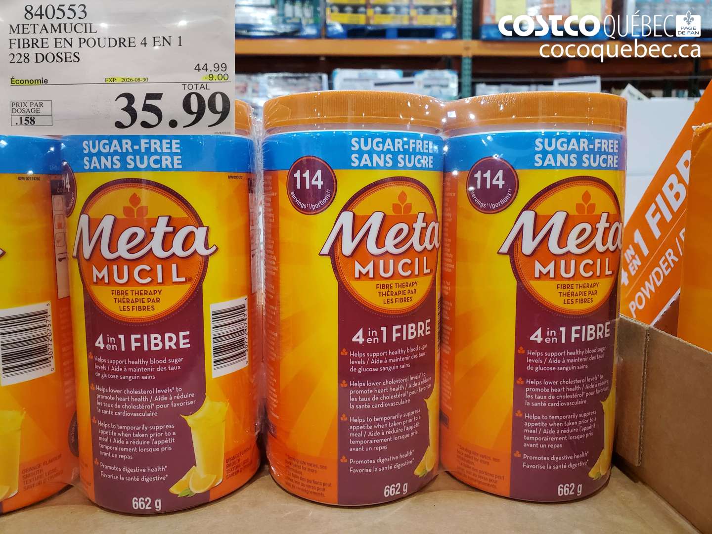 840553 METAMUCIL FIBRE EN POUDRE 4 EN 1 228 DOSES ($9.00 INSTANT SAVINGS EXPIRES ON 2026-08-30) $35.99