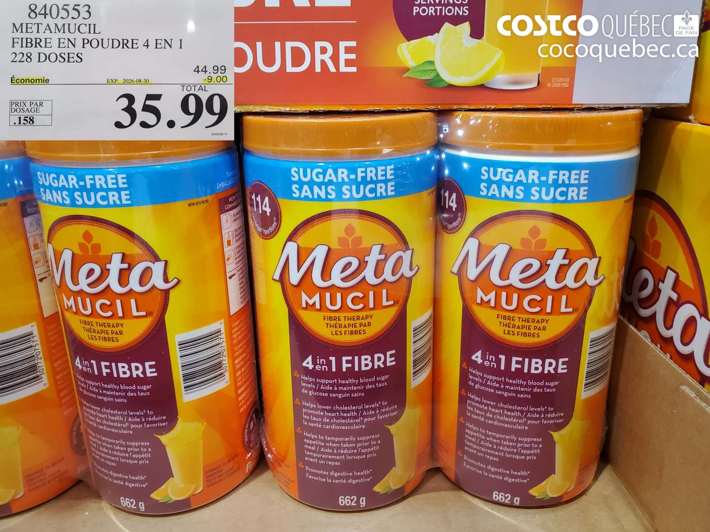 840553 METAMUCIL FIBRE EN POUDRE 4 EN 1 228 DOSES ($9.00 INSTANT SAVINGS EXPIRES ON 2026-08-30) $35.99