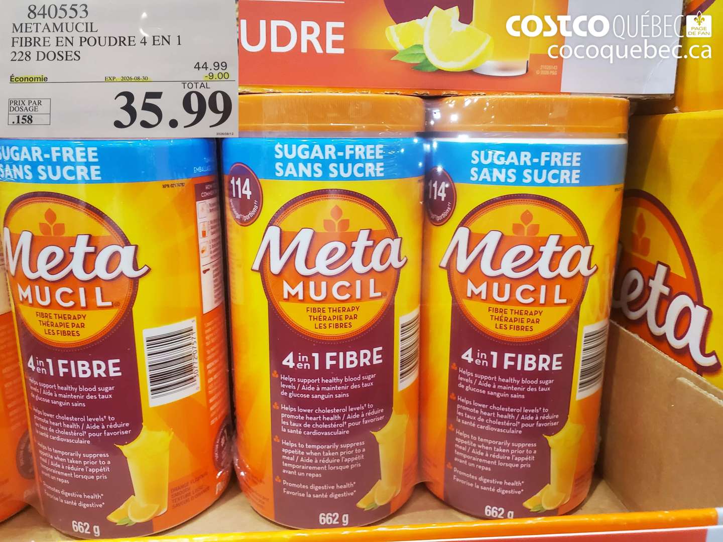 840553 METAMUCIL FIBRE EN POUDRE 4 EN 1 228 DOSES ($9.00 INSTANT SAVINGS EXPIRES ON 2026-08-30) $35.99