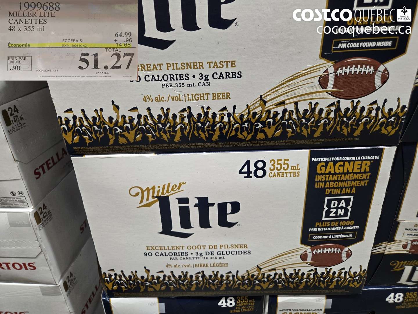 1999688 MILLER LITE CANETTES ($14.68 INSTANT SAVINGS EXPIRES ON 2026-09-02) $51.27