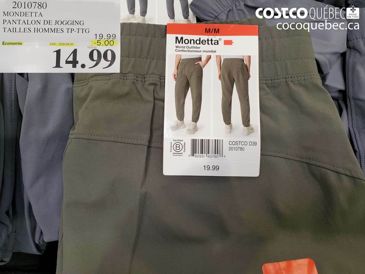 2010780 MONDETTA PANTALON DE JOGGING TAILLES HOMMES TP-TTG ($5.00 INSTANT SAVINGS EXPIRES ON 2026-08-09) $14.99
