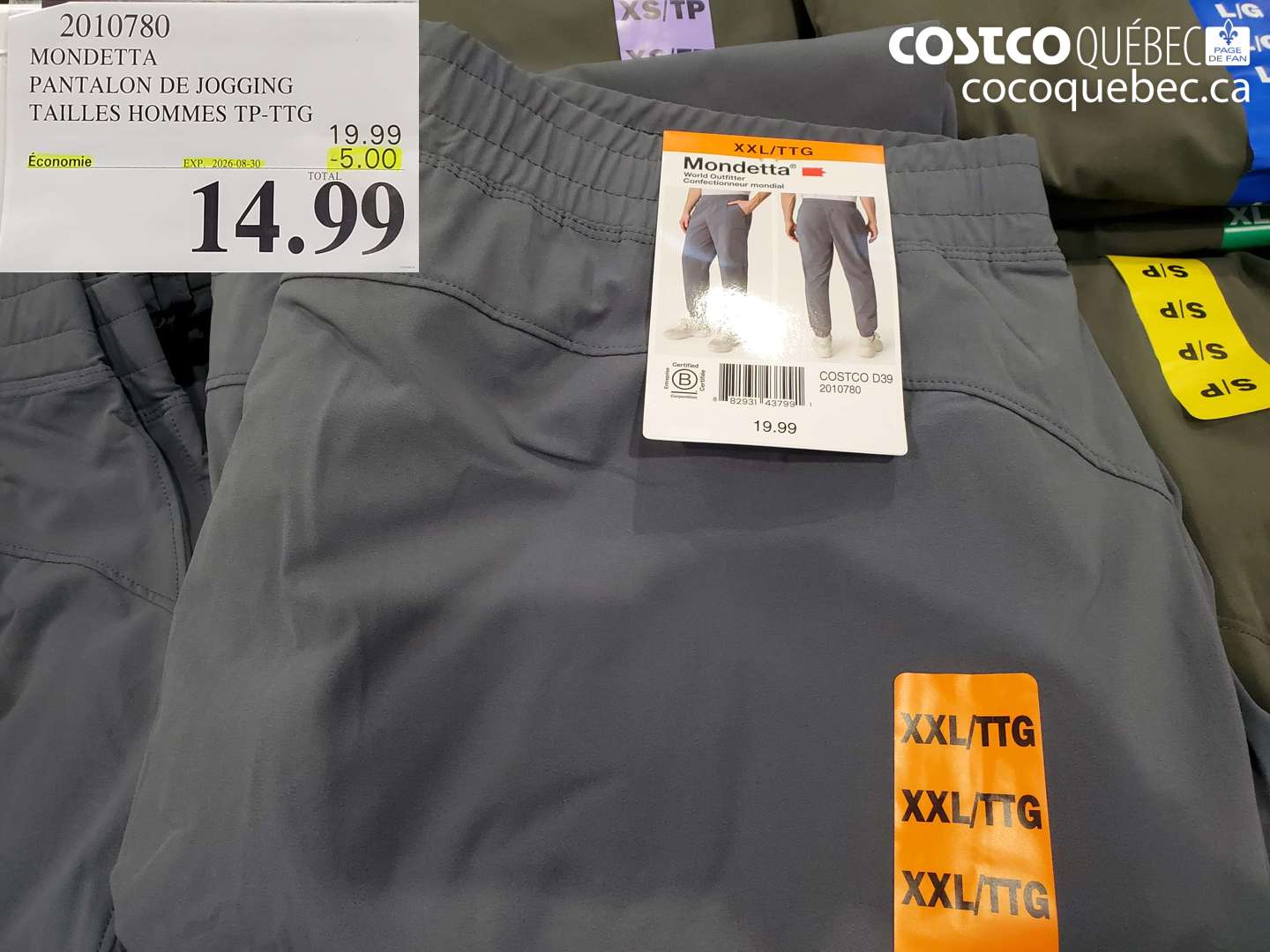2010780 MONDETTA PANTALON DE JOGGING TAILLES HOMMES TP-TTG ($5.00 INSTANT SAVINGS EXPIRES ON 2026-08-30) $14.99