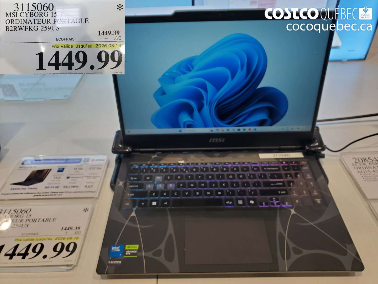3115060 MSI CYBORG 15 ORDINATEUR PORTABLE B2RWFKG-259US (EXPIRES ON 2026-08-16) $1449.99