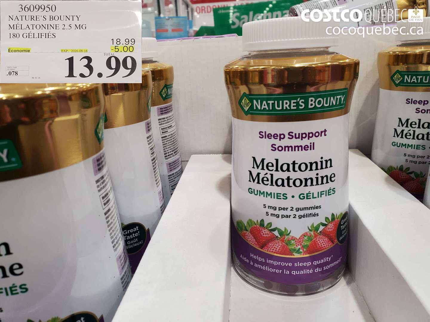 3609950 NATURE'S BOUNTY MÉLATONINE 2.5 MG 180 GÉLIFIÉS ($5.00 INSTANT SAVINGS EXPIRES ON 2026-08-16) $13.99
