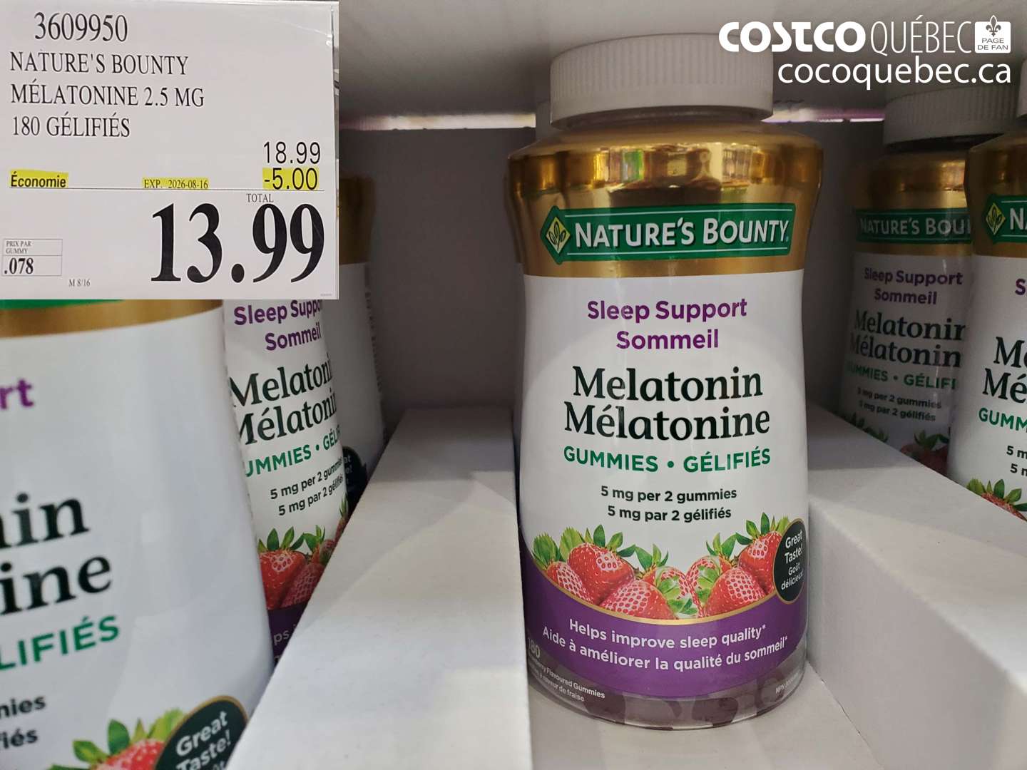 3609950 NATURE'S BOUNTY MÉLATONINE 2.5 MG 180 GÉLIFIÉS ($5.00 INSTANT SAVINGS EXPIRES ON 2026-08-16) $13.99