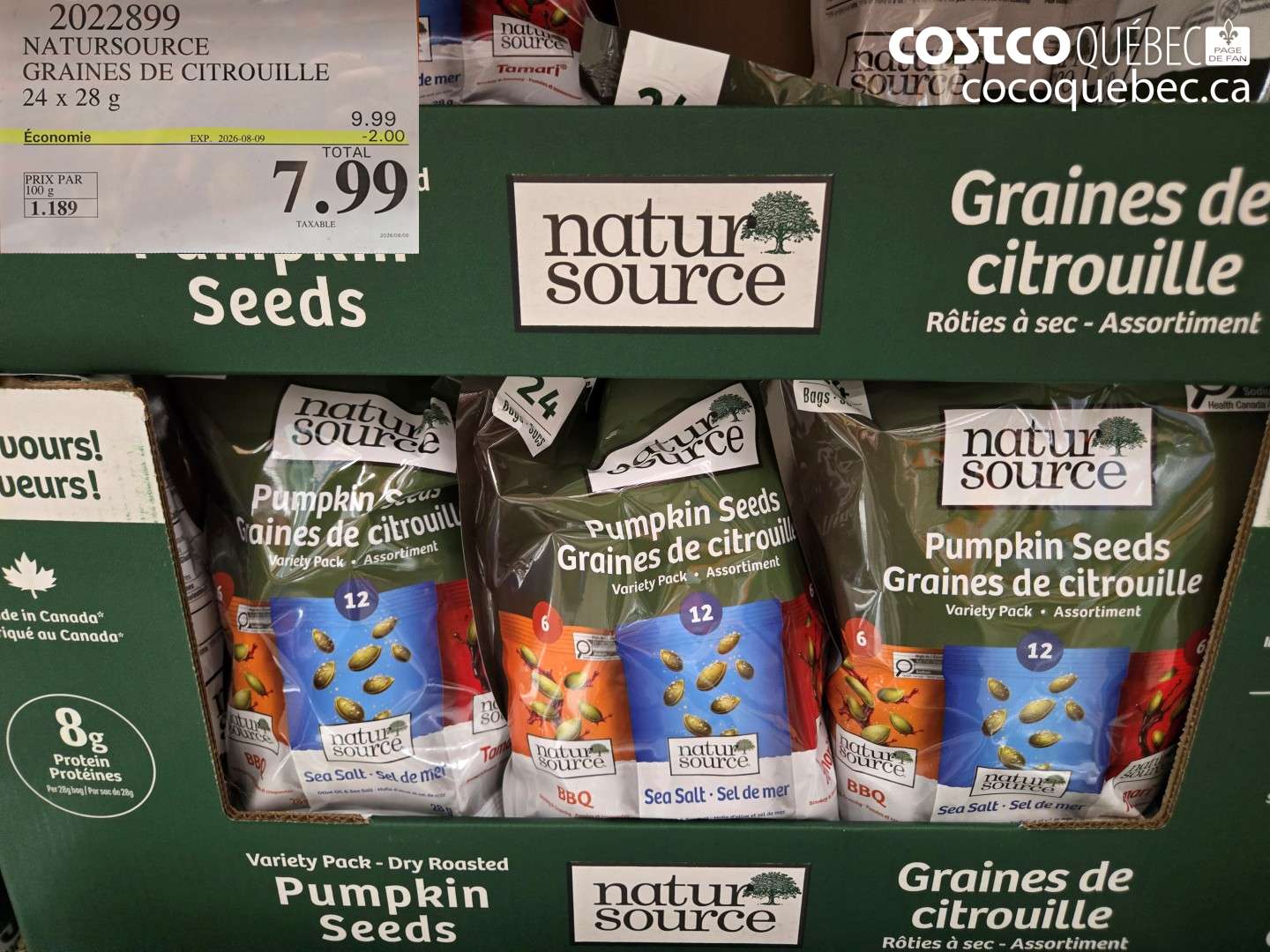 2022899 NATURSOURCE GRAINES DE CITROUILLE 24 X 28 G ($2.00 INSTANT SAVINGS EXPIRES ON 2026-08-09) $7.99
