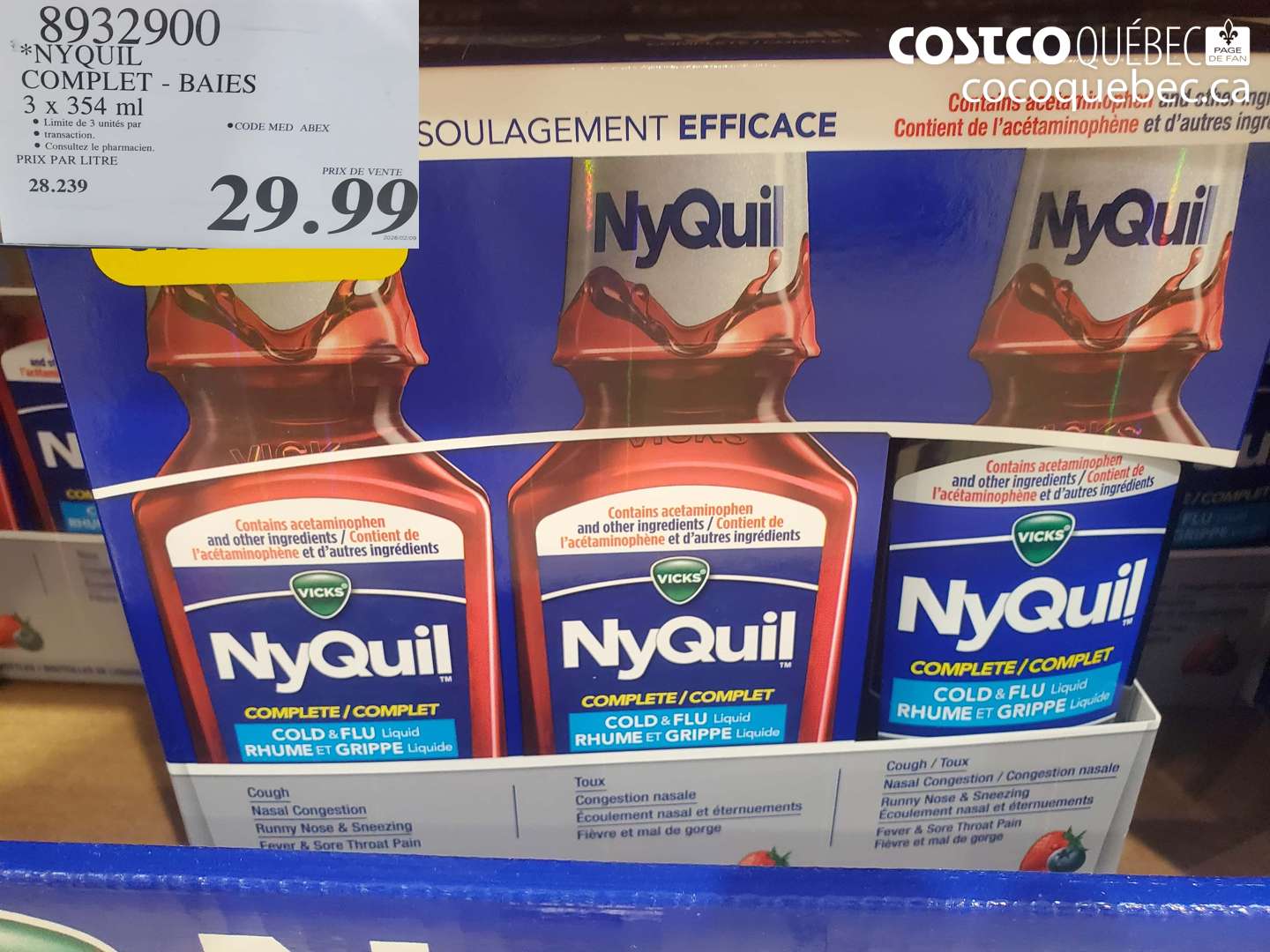 8932900 NYQUIL COMPLET - BAIES 3 X 354 ML $29.99
