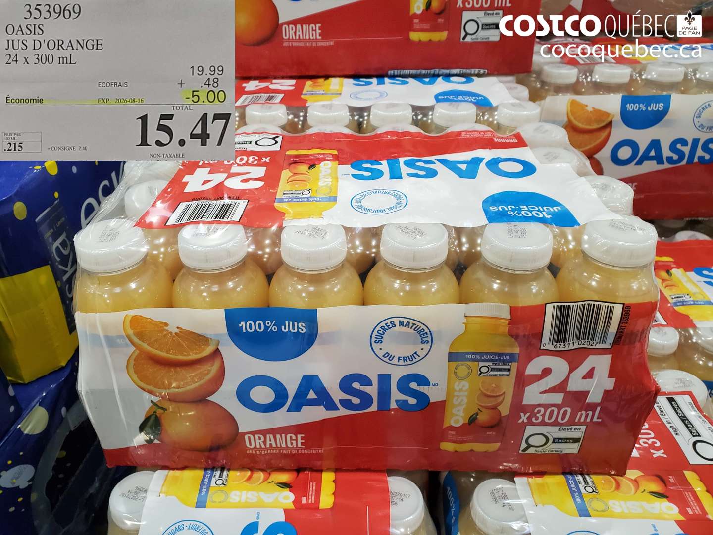 353969 OASIS JUS D'ORANGE 24 X 300 ML ($5.00 INSTANT SAVINGS EXPIRES ON 2026-08-16) $15.47