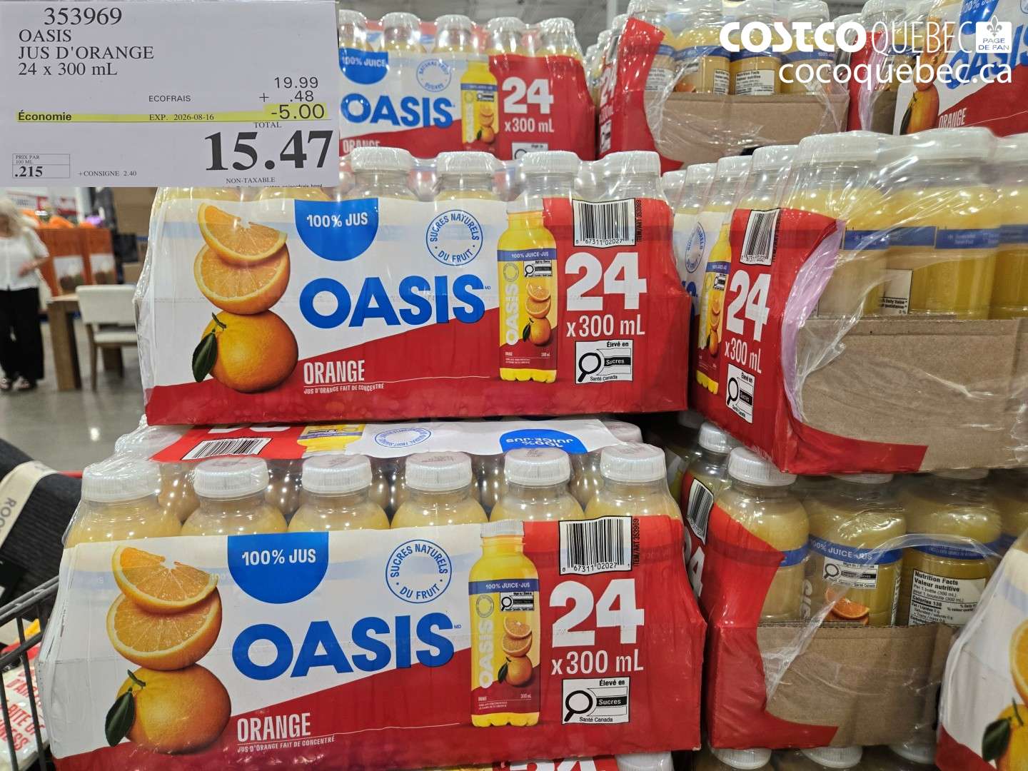353969 OASIS JUS D'ORANGE 24 X 300 ML ($5.00 INSTANT SAVINGS EXPIRES ON 2026-08-16) $15.47