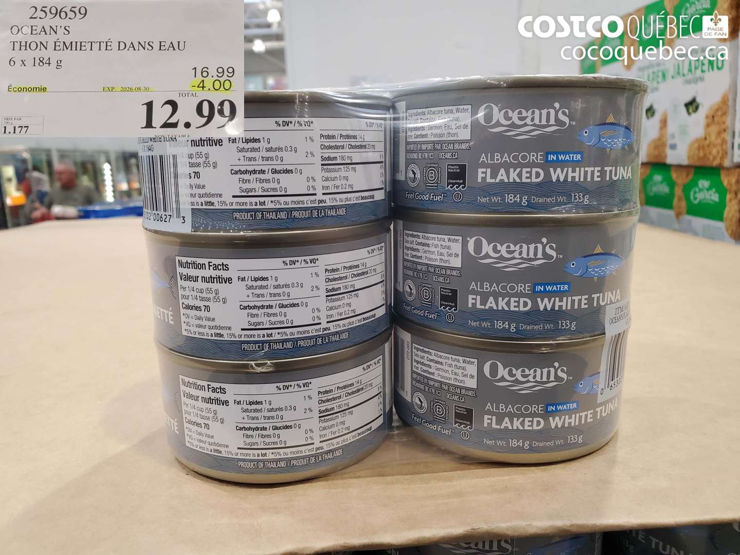 259659 OCEAN'S THON ÉMIETTÉ DANS EAU 6 X 184 G ($4.00 INSTANT SAVINGS EXPIRES ON 2026-08-30) $12.99