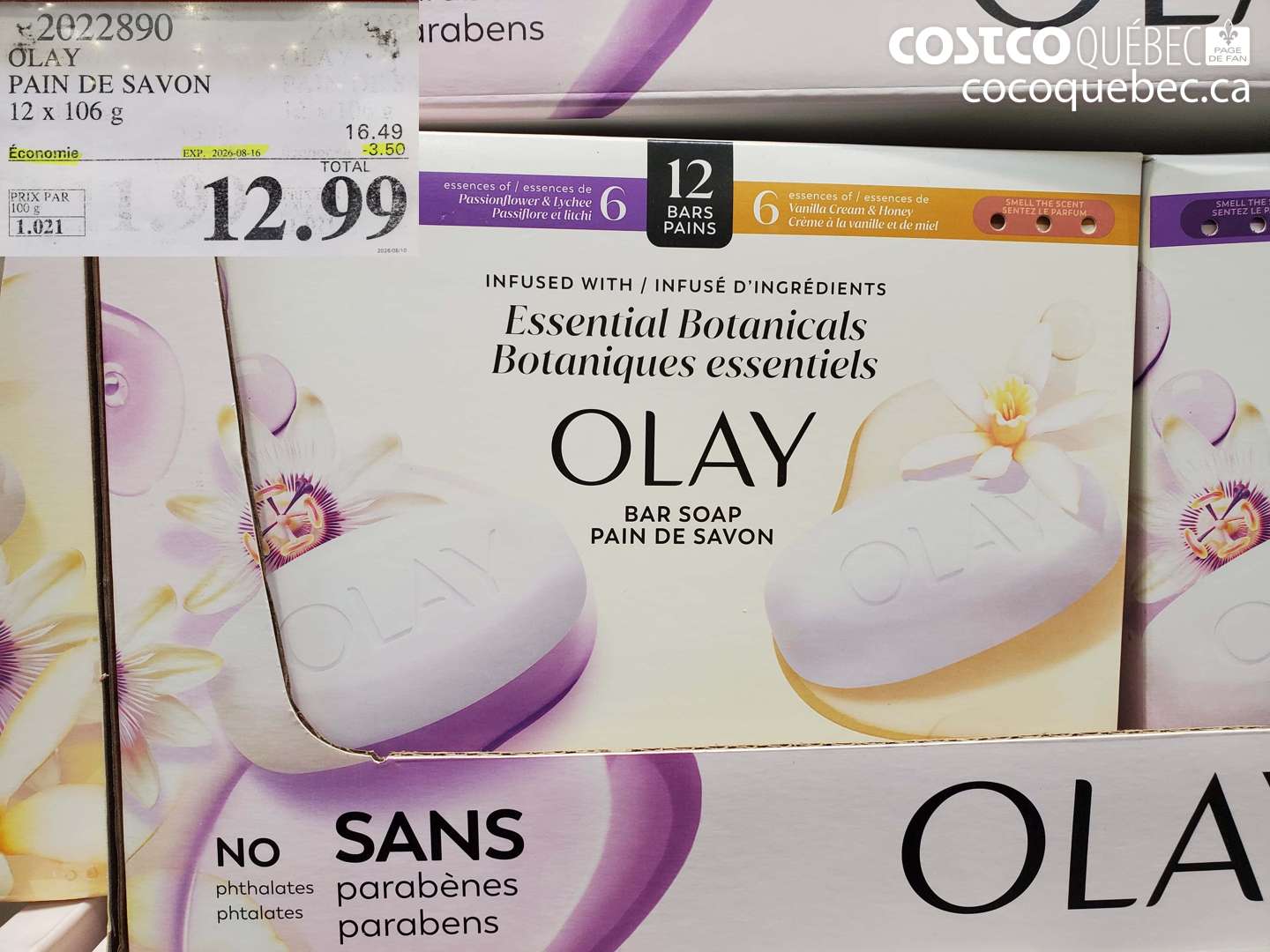 2022890 OLAY PAIN DE SAVON 12 X 106 G ($3.50 INSTANT SAVINGS EXPIRES ON 2026-08-15) $12.99