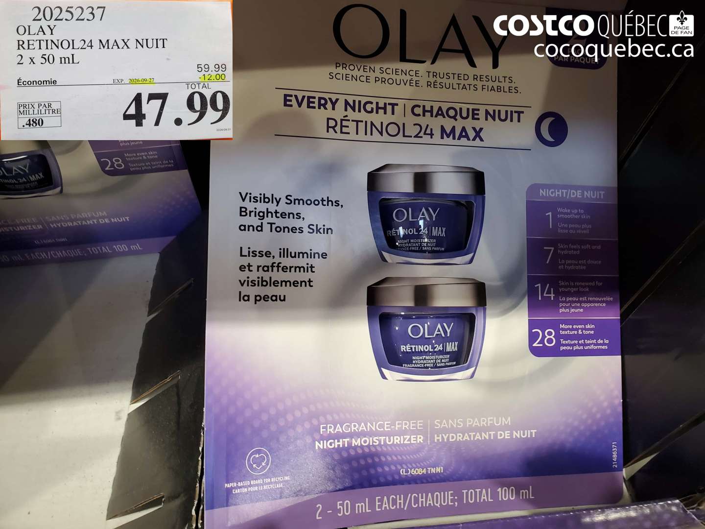 2025237 OLAY RETINOL24 MAX NUIT 2 X 50 ML ($12.00 INSTANT SAVINGS EXPIRES ON 2026-09-27) $47.99