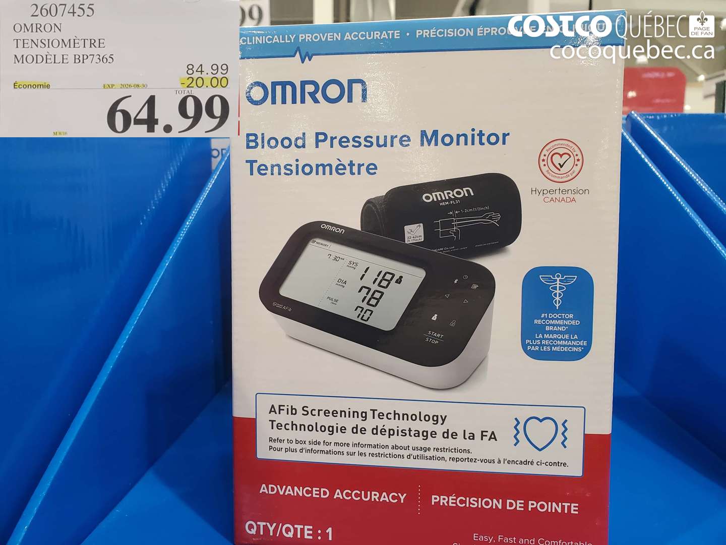 2607455 OMRON TENSIOMÈTRE MODÈLE BP7365 ($20.00 INSTANT SAVINGS EXPIRES ON 2026-08-30) $64.99