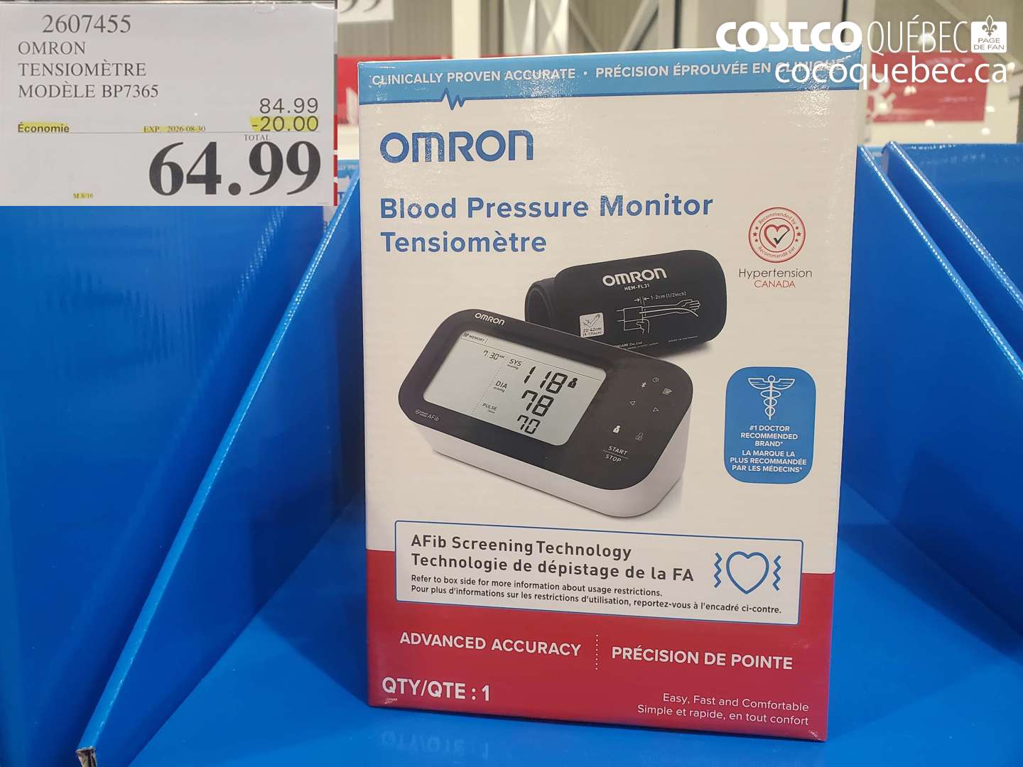 2607455 OMRON TENSIOMÈTRE MODÈLE BP7365 ($20.00 INSTANT SAVINGS EXPIRES ON 2026-08-30) $64.99