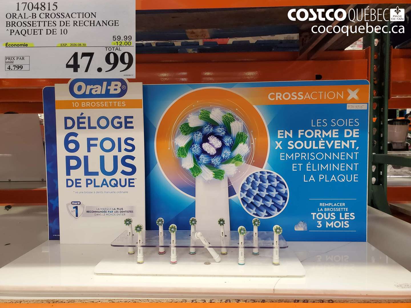 1704815 ORAL-B CROSSACTION BROSSETTES DE RECHANGE ($12.00 INSTANT SAVINGS EXPIRES ON 2026-08-30) $47.99