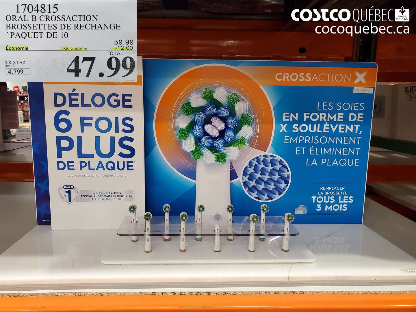 1704815 ORAL-B CROSSACTION BROSSETTES DE RECHANGE PAQUET DE 10 ($12.00 INSTANT SAVINGS EXPIRES ON 2026-08-30) $47.99