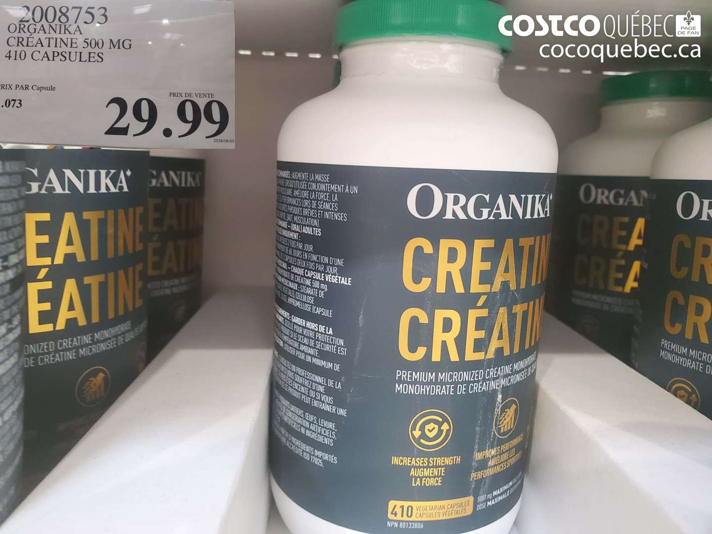 2008753 ORGANIKA CRÉATINE 500 MG 410 CAPSULES $29.99