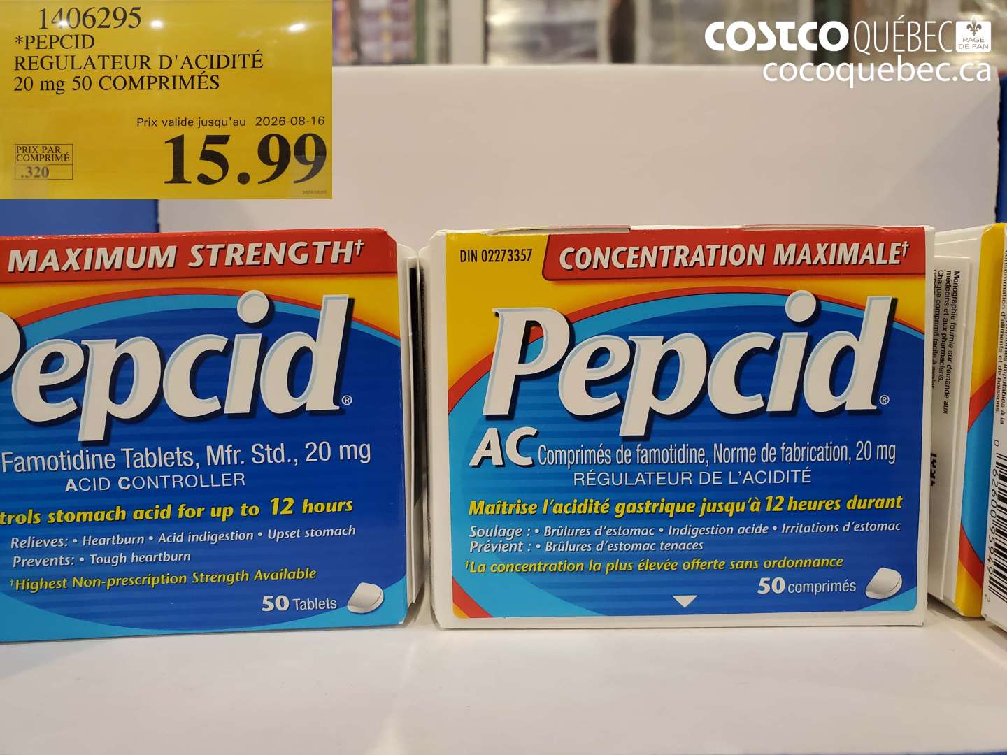 1406295 PEPCID REGULATEUR D'ACIDITÉ 20 MG 50 COMPRIMÉS (EXPIRES ON 2026-08-16) $15.99