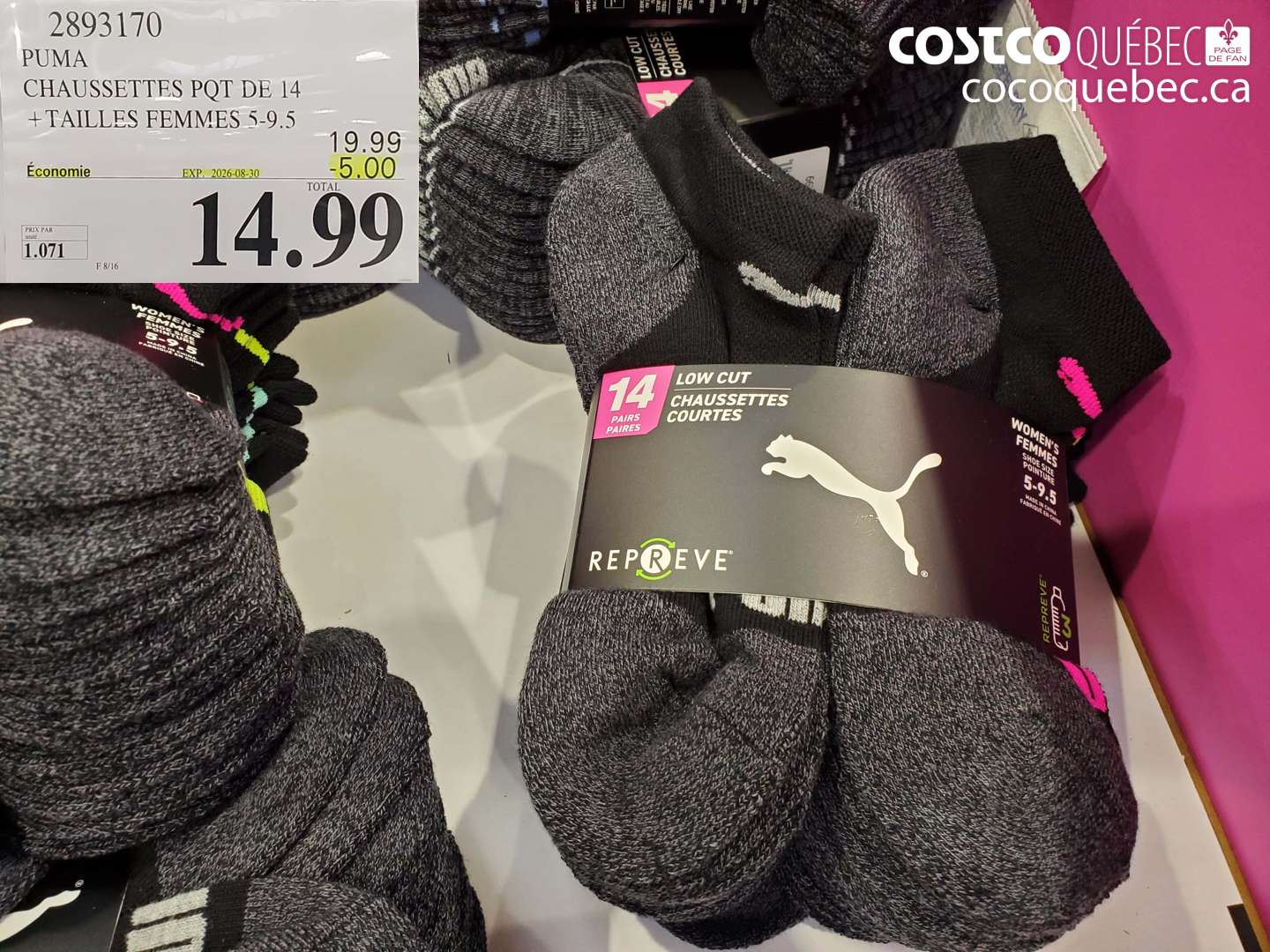 2893170 PUMA CHAUSSETTES PQT DE 14 +TAILLES FEMMES 5-9.5 ($5.00 INSTANT SAVINGS EXPIRES ON 2026-08-30) $14.99