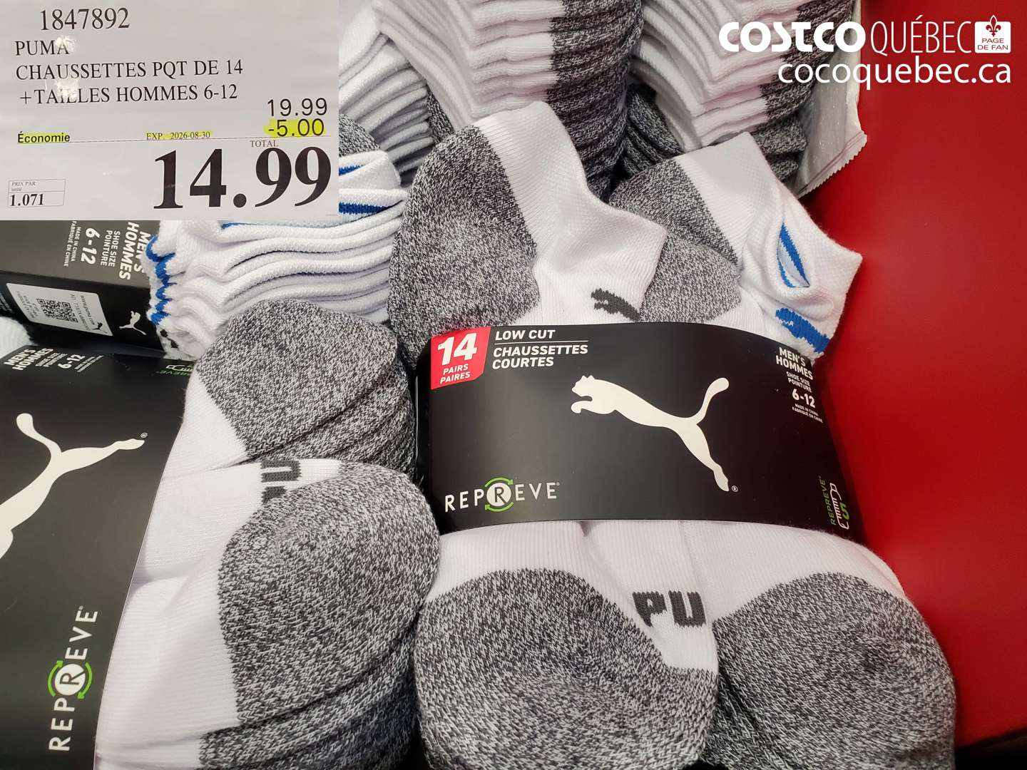 1847892 PUMA CHAUSSETTES PQT DE 14 TAILLES HOMMES 6-12 ($5.00 INSTANT SAVINGS EXPIRES ON 2026-08-30) $14.99