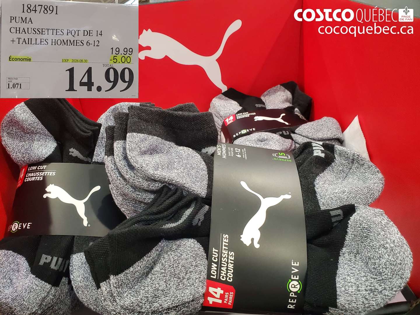 1847891 PUMA CHAUSSETTES PQT DE 14 + TAILLES HOMMES 6-12 ($5.00 INSTANT SAVINGS EXPIRES ON 2026-08-30) $14.99