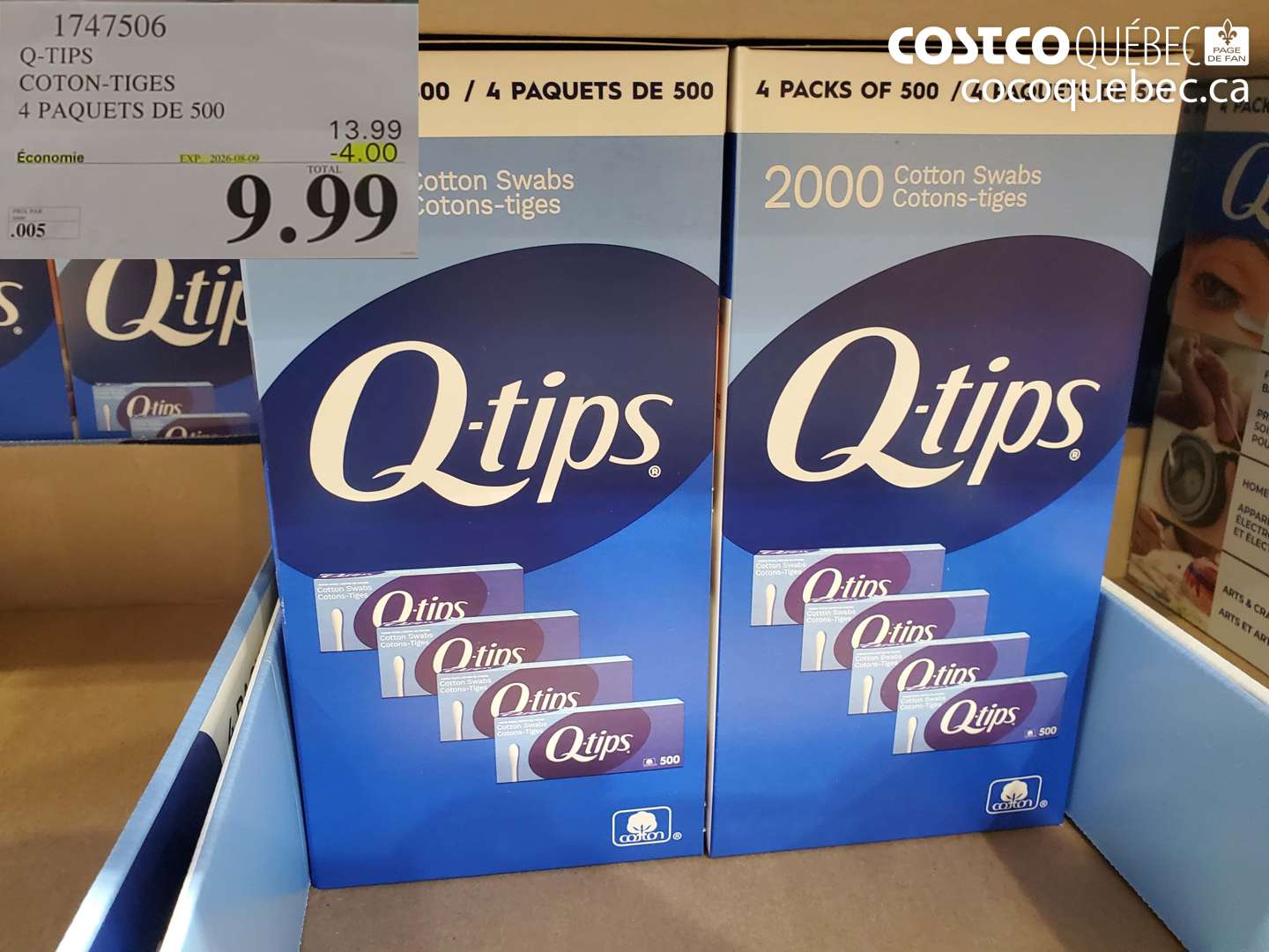 1747506 Q-TIPS COTON-TIGES 4 PAQUETS DE 500 ($4.00 INSTANT SAVINGS EXPIRES ON 2026-08-09) $9.99