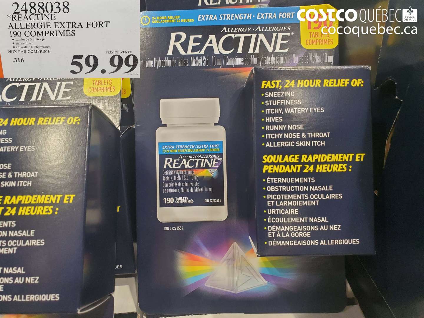 2488038 REACTINE ALLERGIE EXTRA FORT 190 COMPRIMÉS $59.99