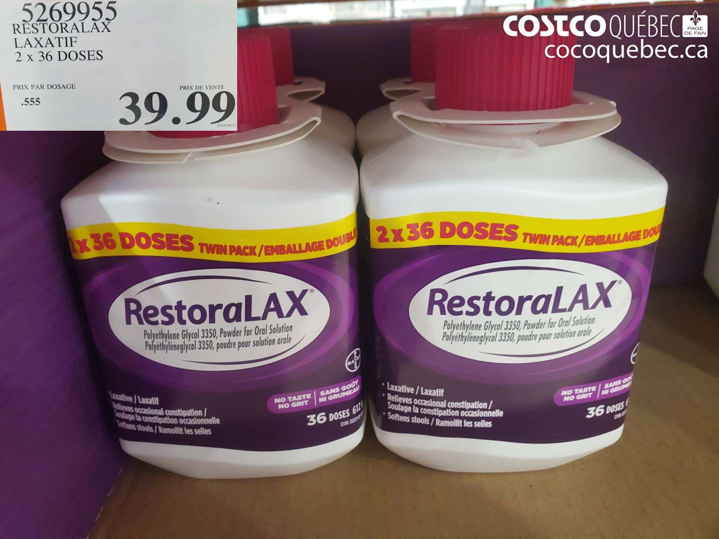 5269955 RESTORALAX LAXATIF 2 X 36 DOSES $39.99