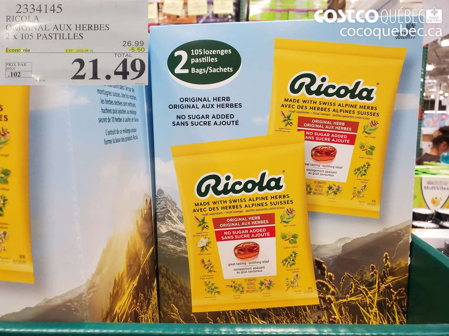 2334145 RICOLA ORIGINAL AUX HERBES 2 X 105 PASTILLES ($5.50 INSTANT SAVINGS EXPIRES ON 2026-08-16) $21.49