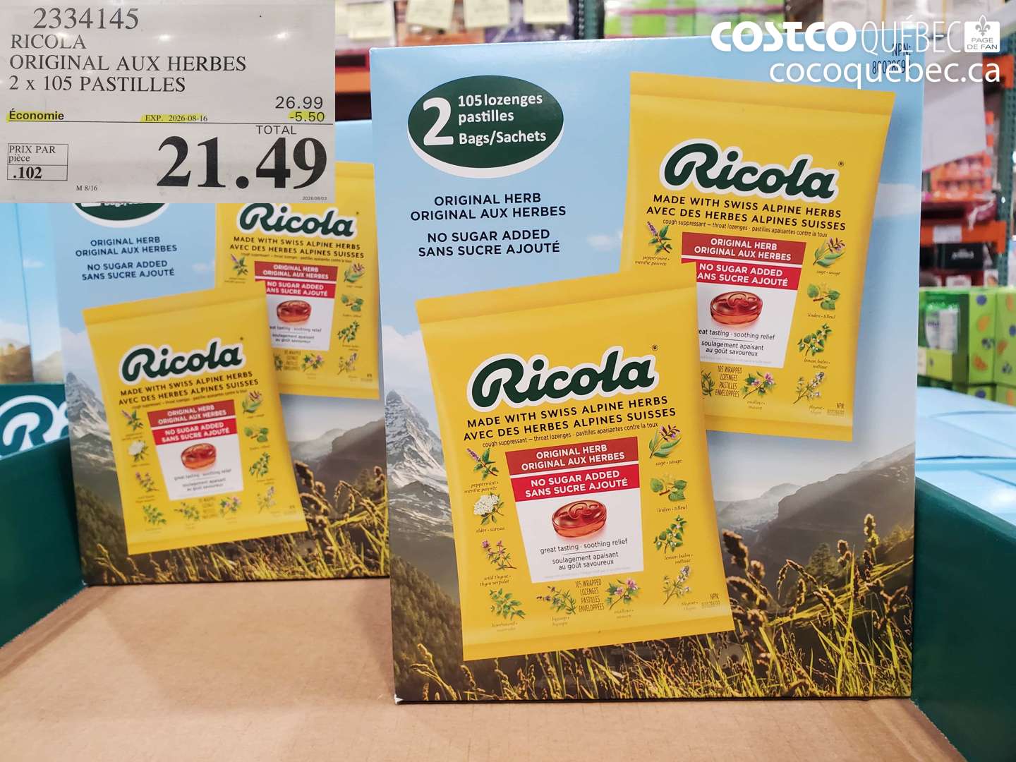 2334145 RICOLA ORIGINAL AUX HERBES 2 X 105 PASTILLES ($5.50 INSTANT SAVINGS EXPIRES ON 2026-08-16) $21.49