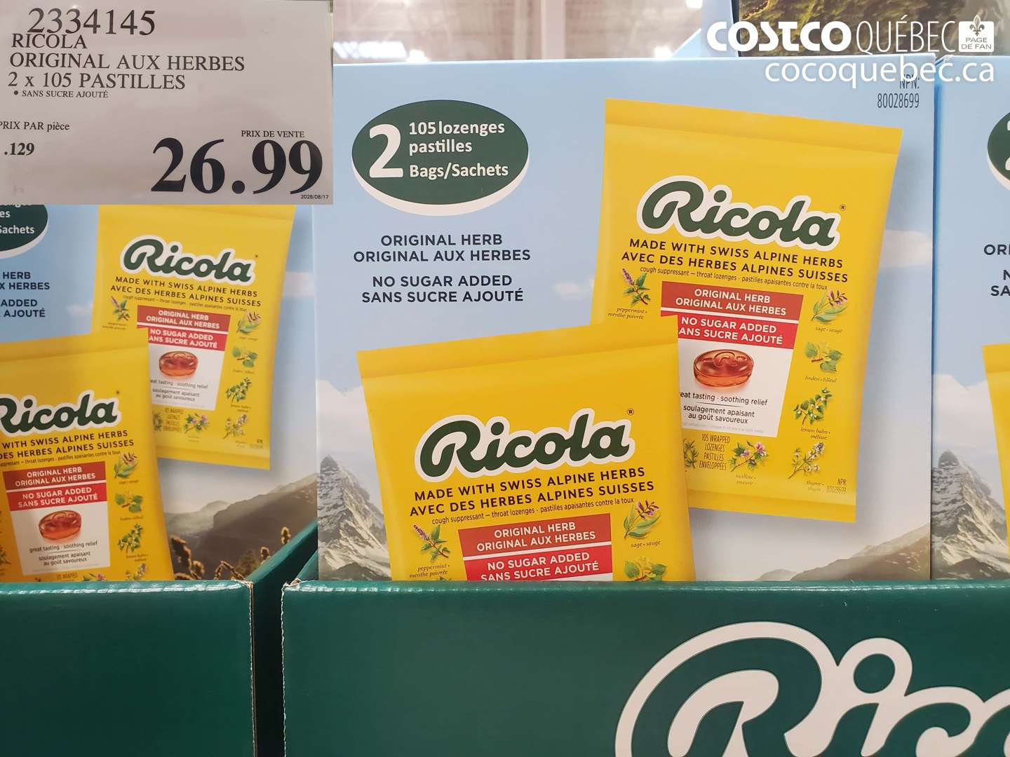 2334145 RICOLA ORIGINAL AUX HERBES 2 X 105 PASTILLES $26.99