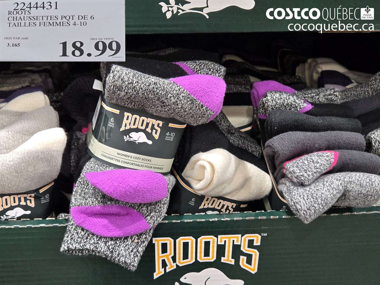 2244431 ROOTS CHAUSSETTES PQT DE 6 TAILLES FEMMES 4-10 $18.99