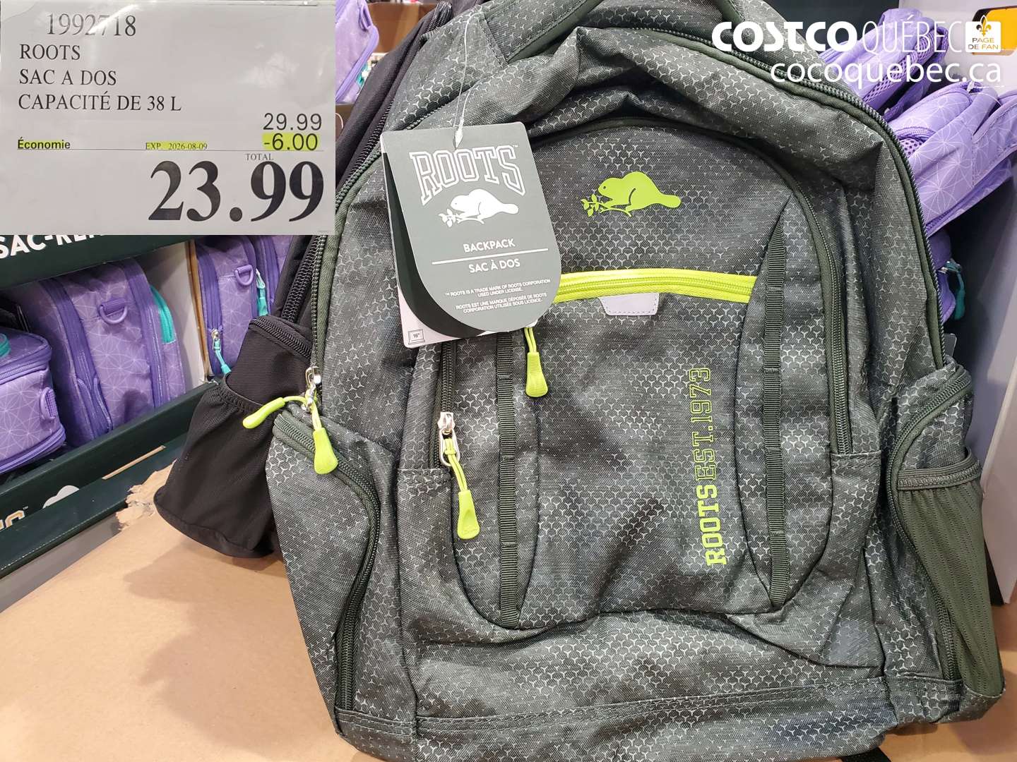 1992718 ROOTS SAC A DOS CAPACITÉ DE 38 L ($6.00 INSTANT SAVINGS EXPIRES ON 2026-08-09) $23.99