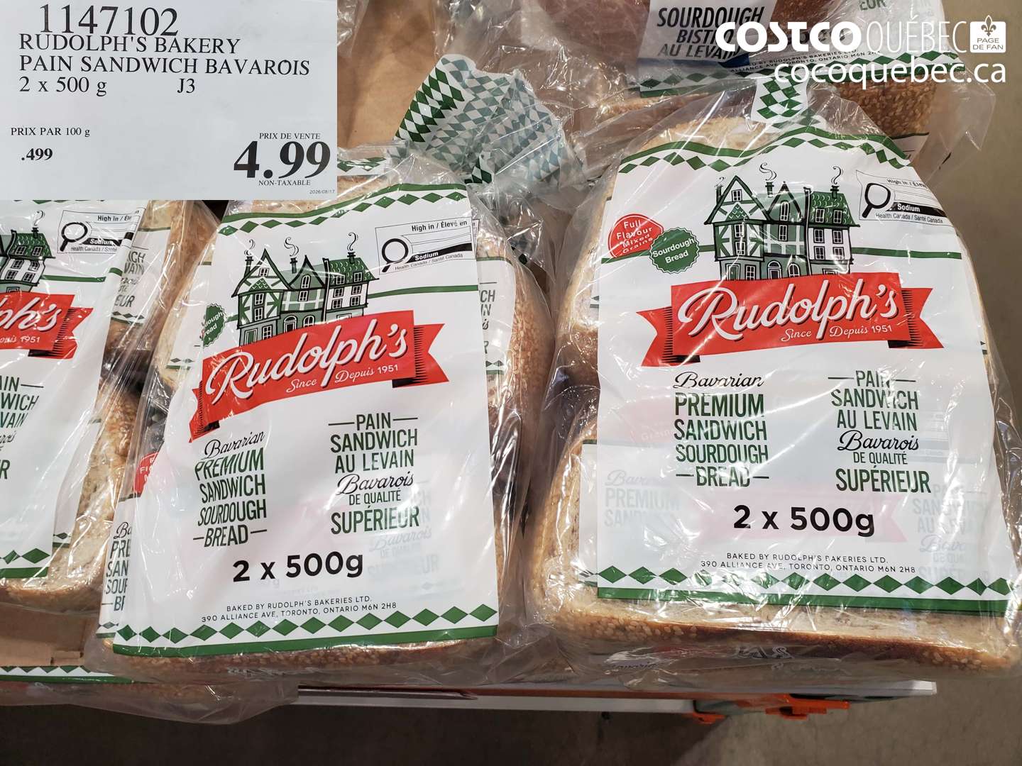 1147102 RUDOLPH'S BAKERY PAIN SANDWICH BAVAROIS $4.99