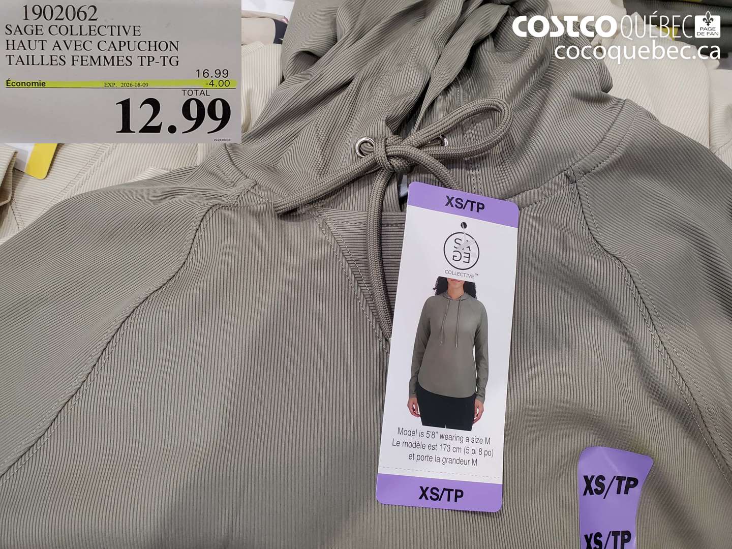 1902062 SAGE COLLECTIVE HAUT AVEC CAPUCHON TAILLES FEMMES TP-TG ($4.00 INSTANT SAVINGS EXPIRES ON 2026-08-09) $12.99