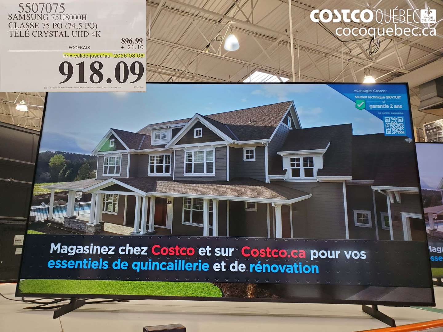 5507075 SAMSUNG 75U8000H CLASSE 75 PO (74.5 PO) TÉLÉ CRYSTAL UHD 4K (EXPIRES ON 2026-08-06) $918.09