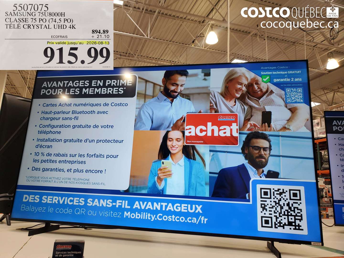 5507075 SAMSUNG 75U8000H CLASSE 75 PO (74.5 PO) TÉLÉ CRYSTAL UHD 4K (EXPIRES ON 2026-08-13) $915.99