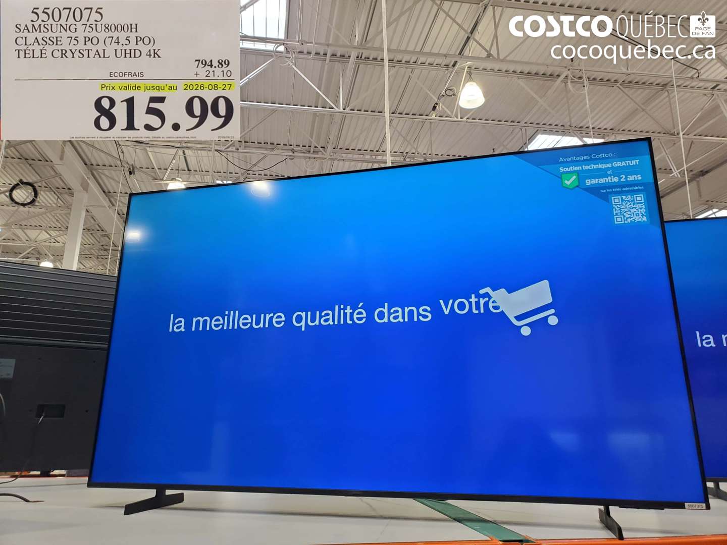 5507075 SAMSUNG 75U8000H CLASSE 75 PO (74.5 PO) TÉLÉ CRYSTAL UHD 4K (EXPIRES ON 2026-08-27) $815.99