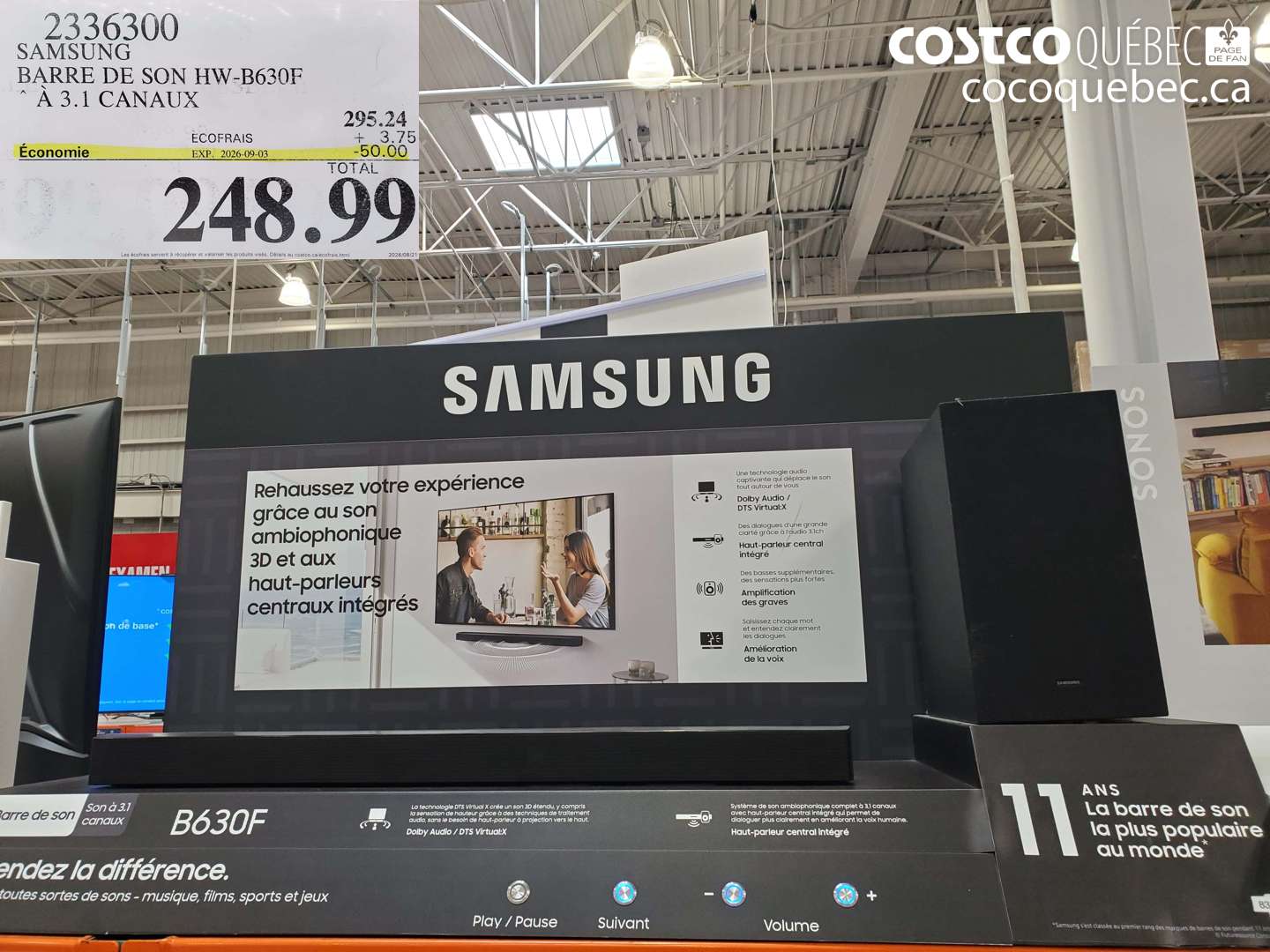 2336300 SAMSUNG BARRE DE SON HW-B630F À 3.1 CANAUX ($50.00 INSTANT SAVINGS EXPIRES ON 2026-09-03) $248.99