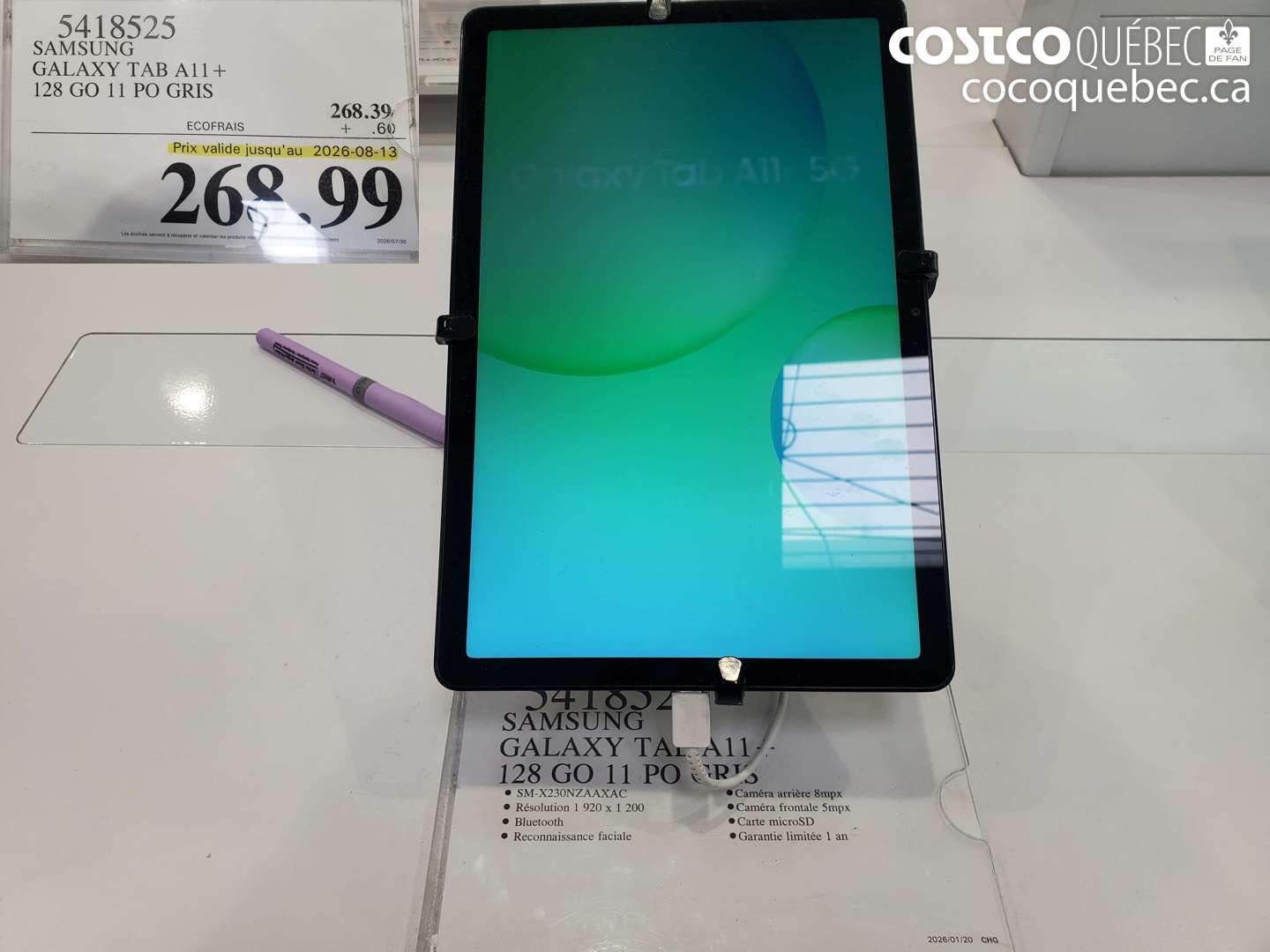 5418525 SAMSUNG GALAXY TAB A11+ 128 GO 11 PO GRIS (EXPIRES ON 2026-08-13) $268.99